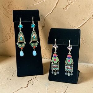 Adaya Earrings | Set of 2 | Signed Colorful Dangle Designer Silver Tone Bundle